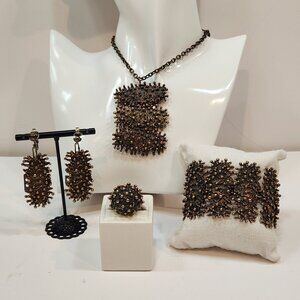 Unique 1960s Finnish Modernist Brutalist Statement Jewelry Suite Brass W/Bronze